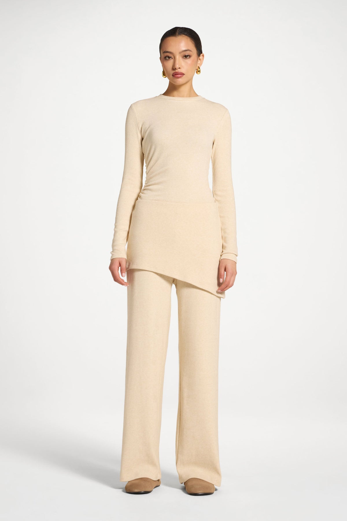 Ribbed Knit Foldover Wide Leg Pants - Beige