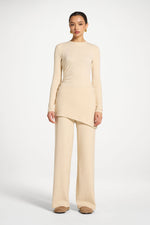 Ribbed Knit Foldover Wide Leg Pants - Beige