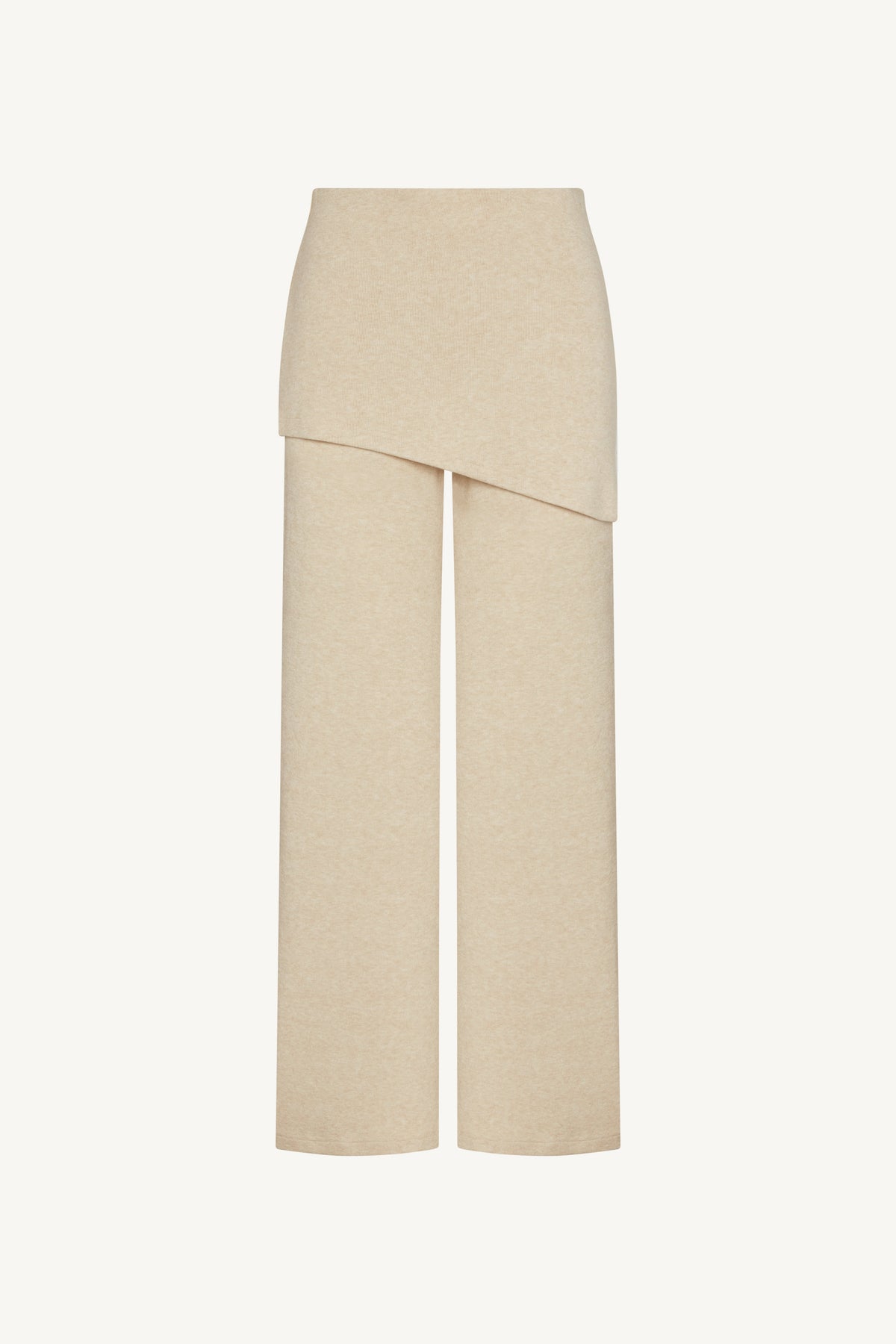 Ribbed Knit Foldover Wide Leg Pants - Beige
