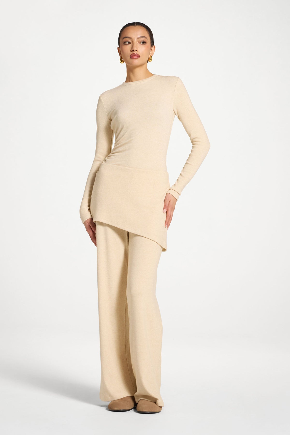 Ribbed Knit Foldover Wide Leg Pants - Beige