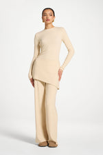 Ribbed Knit Foldover Wide Leg Pants - Beige