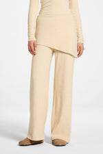 Ribbed Knit Foldover Wide Leg Pants - Beige