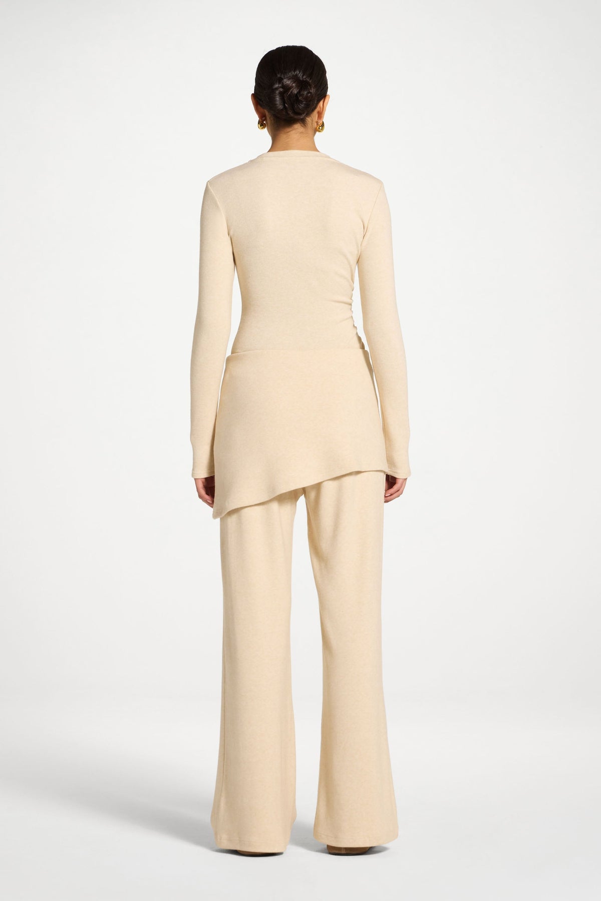 Ribbed Knit Foldover Wide Leg Pants - Beige