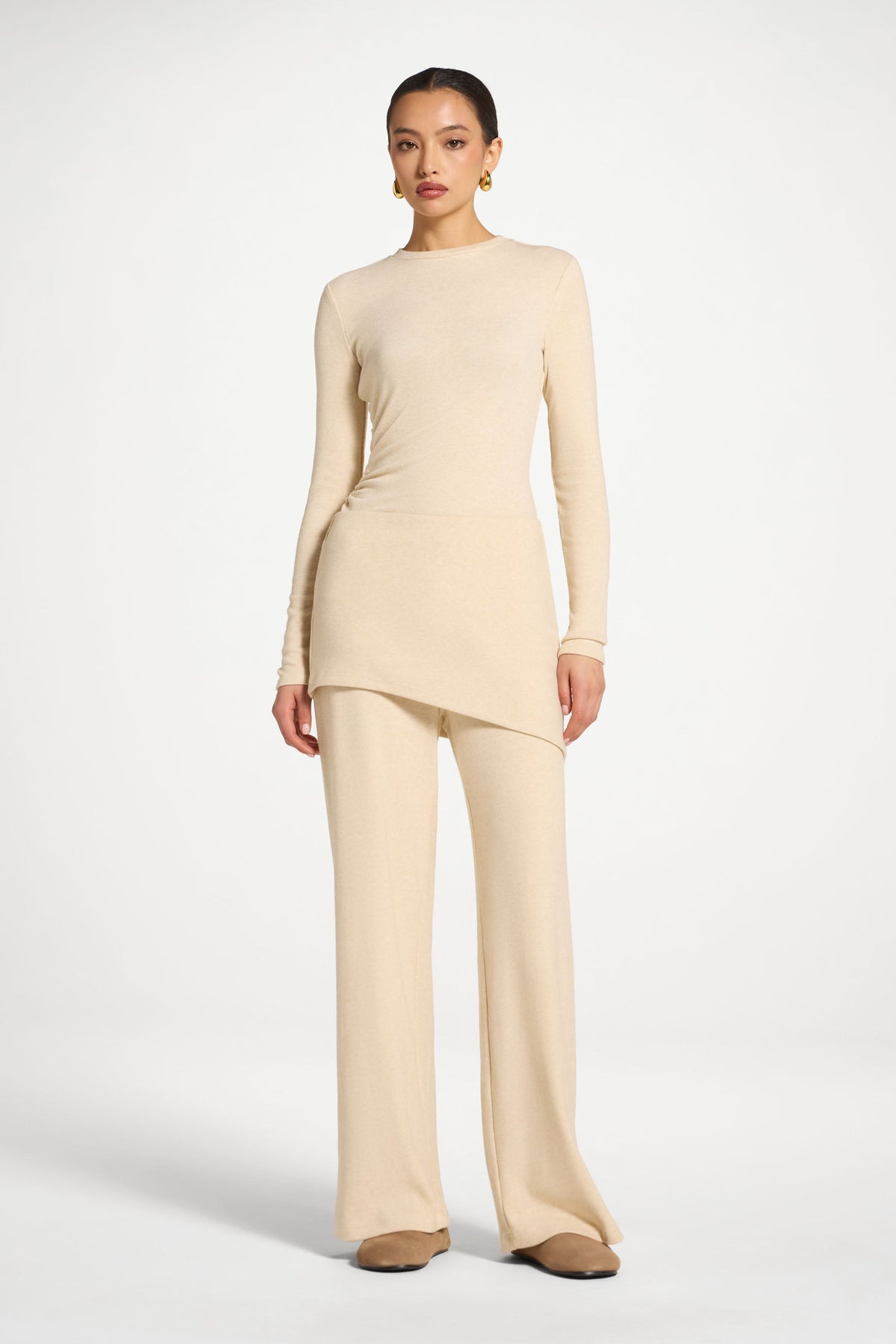 Ribbed Knit Foldover Wide Leg Pants - Beige