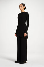 Ribbed Knit Foldover Wide Leg Pants - Black