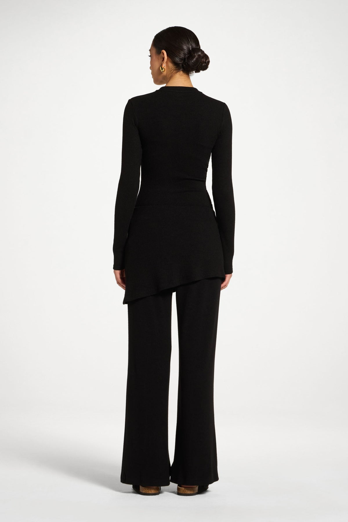 Ribbed Knit Foldover Wide Leg Pants - Black