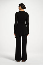 Ribbed Knit Foldover Wide Leg Pants - Black