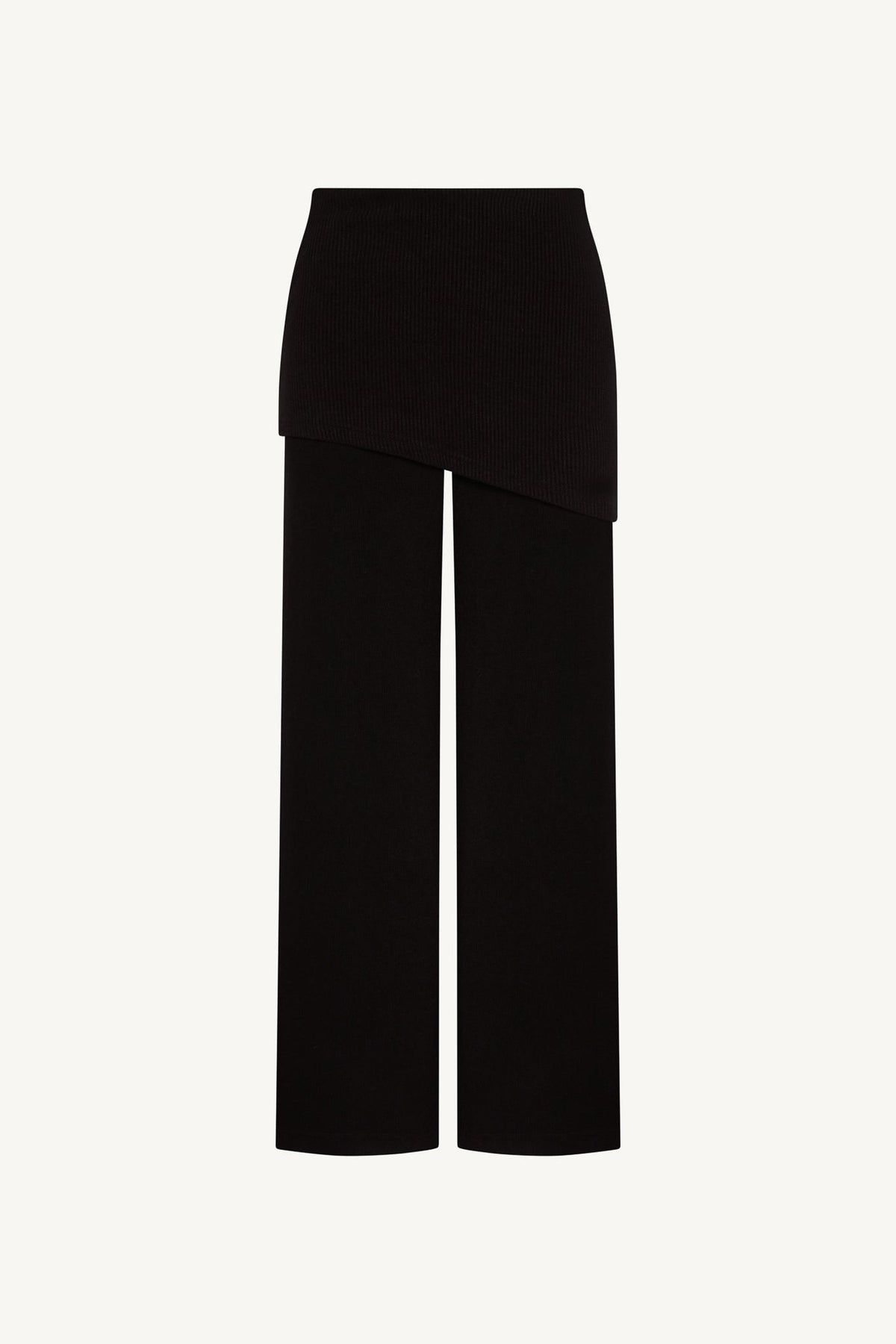 Ribbed Knit Foldover Wide Leg Pants - Black