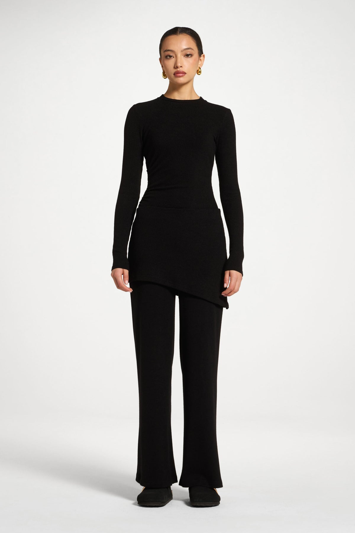 Ribbed Knit Foldover Wide Leg Pants - Black