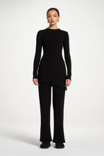 Ribbed Knit Foldover Wide Leg Pants - Black