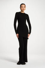 Ribbed Knit Foldover Wide Leg Pants - Black