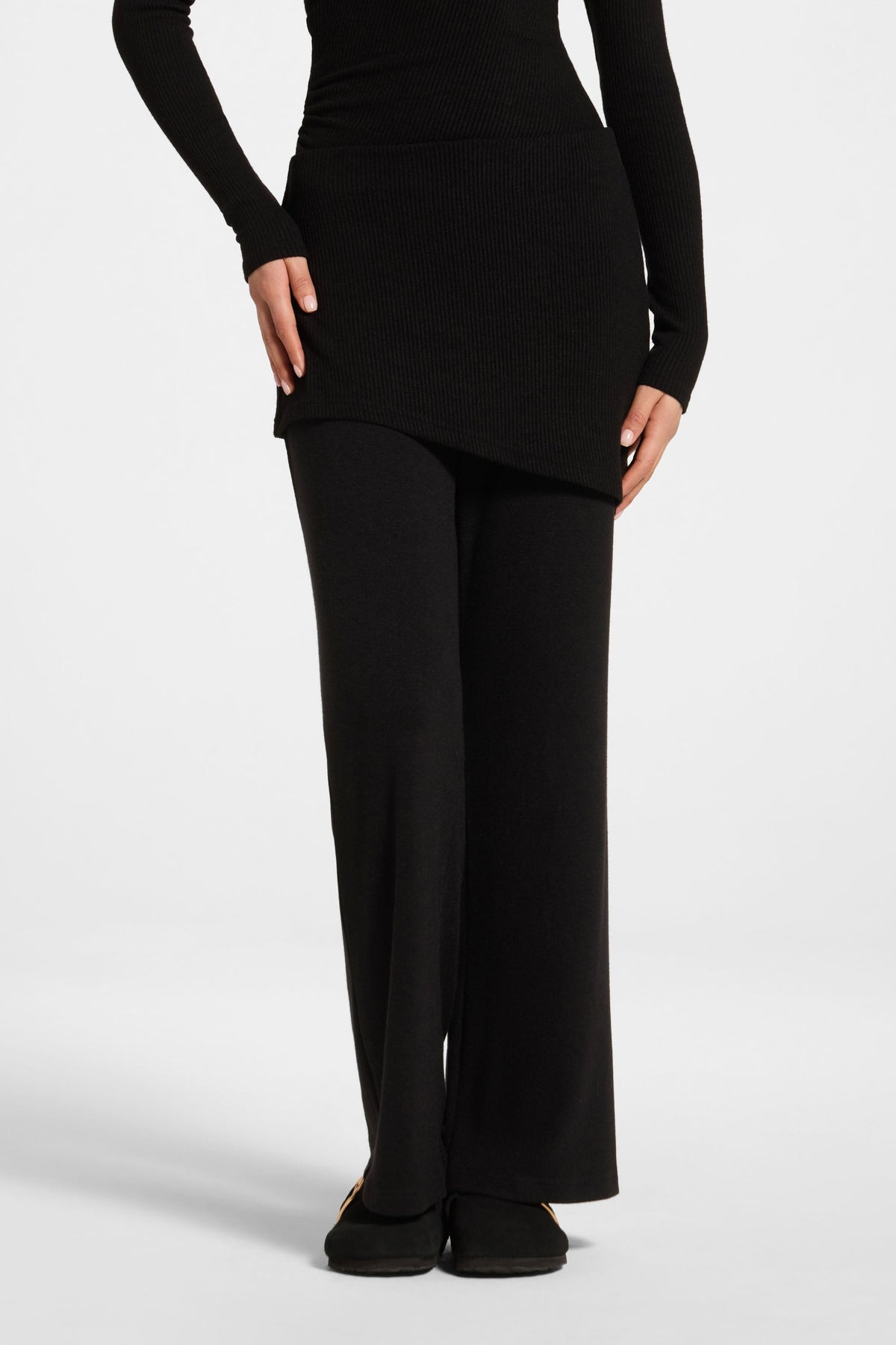 Ribbed Knit Foldover Wide Leg Pants - Black