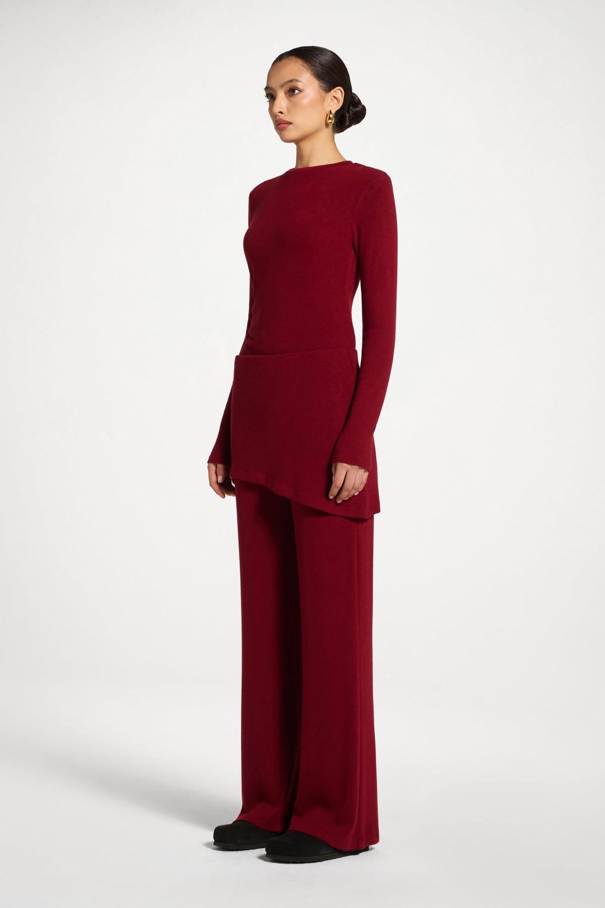 Ribbed Knit Foldover Wide Leg Pants - Cherry Lacquer