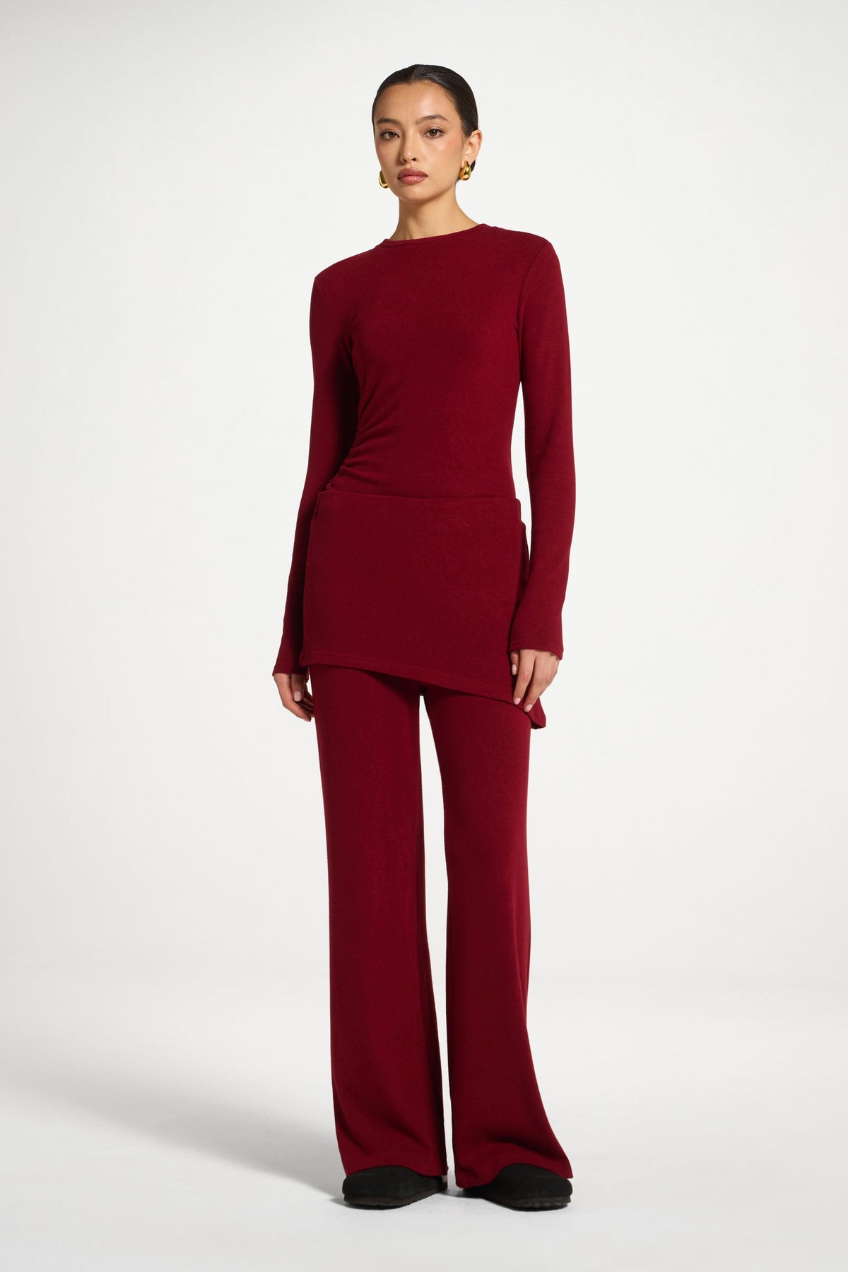 Ribbed Knit Foldover Wide Leg Pants - Cherry Lacquer