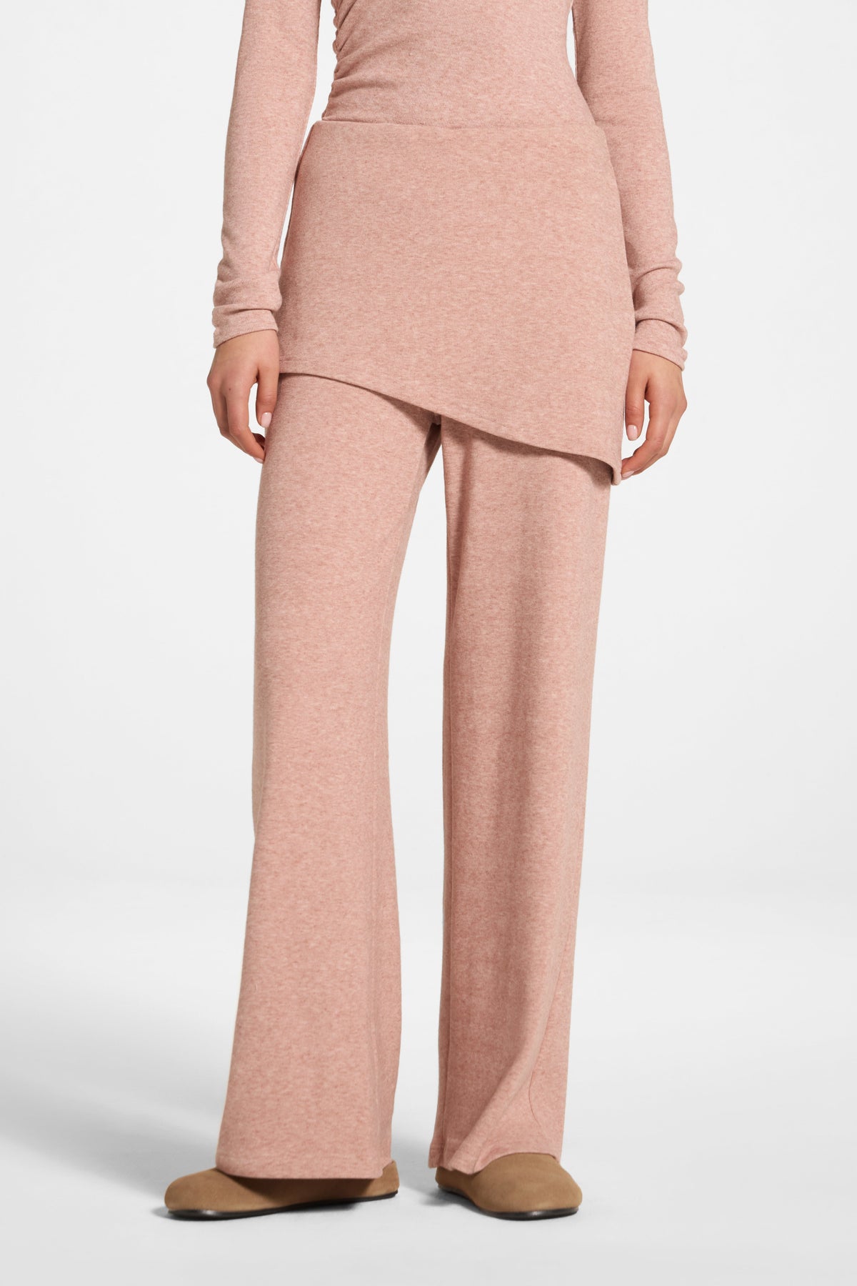 Ribbed Knit Foldover Wide Leg Pants - Rose