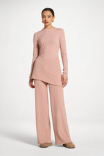 Ribbed Knit Foldover Wide Leg Pants - Rose