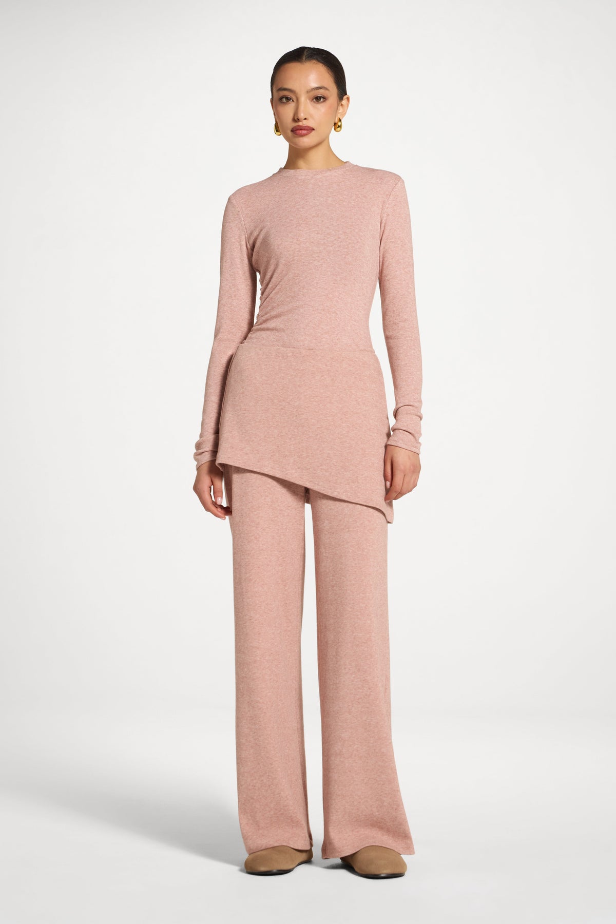 Ribbed Knit Foldover Wide Leg Pants - Rose