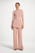 Ribbed Knit Foldover Wide Leg Pants - Rose