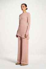 Ribbed Knit Foldover Wide Leg Pants - Rose