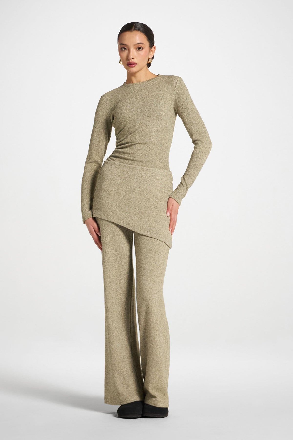 Ribbed Knit Foldover Wide Leg Pants - Olive