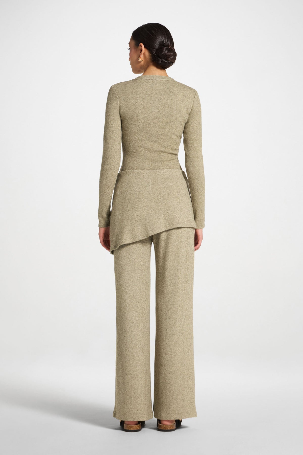 Ribbed Knit Foldover Wide Leg Pants - Olive