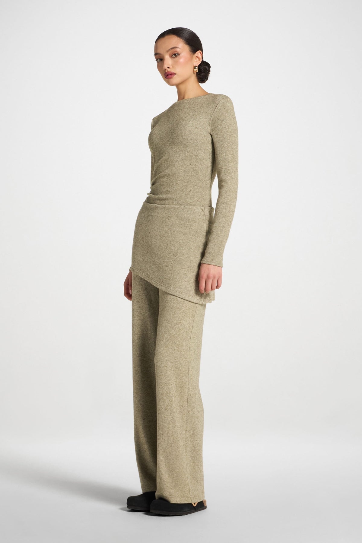 Ribbed Knit Foldover Wide Leg Pants - Olive