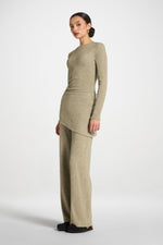 Ribbed Knit Foldover Wide Leg Pants - Olive