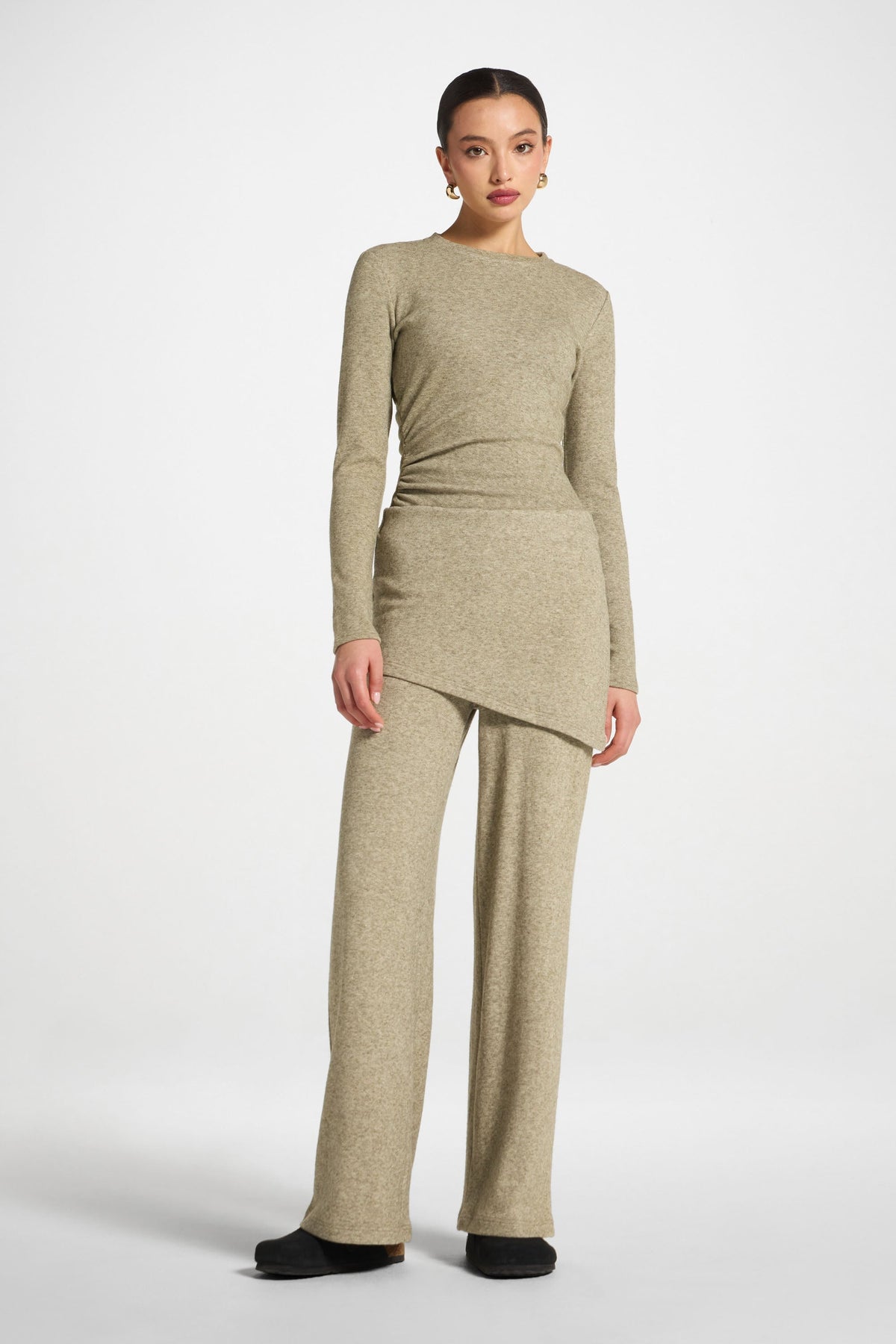 Ribbed Knit Foldover Wide Leg Pants - Olive