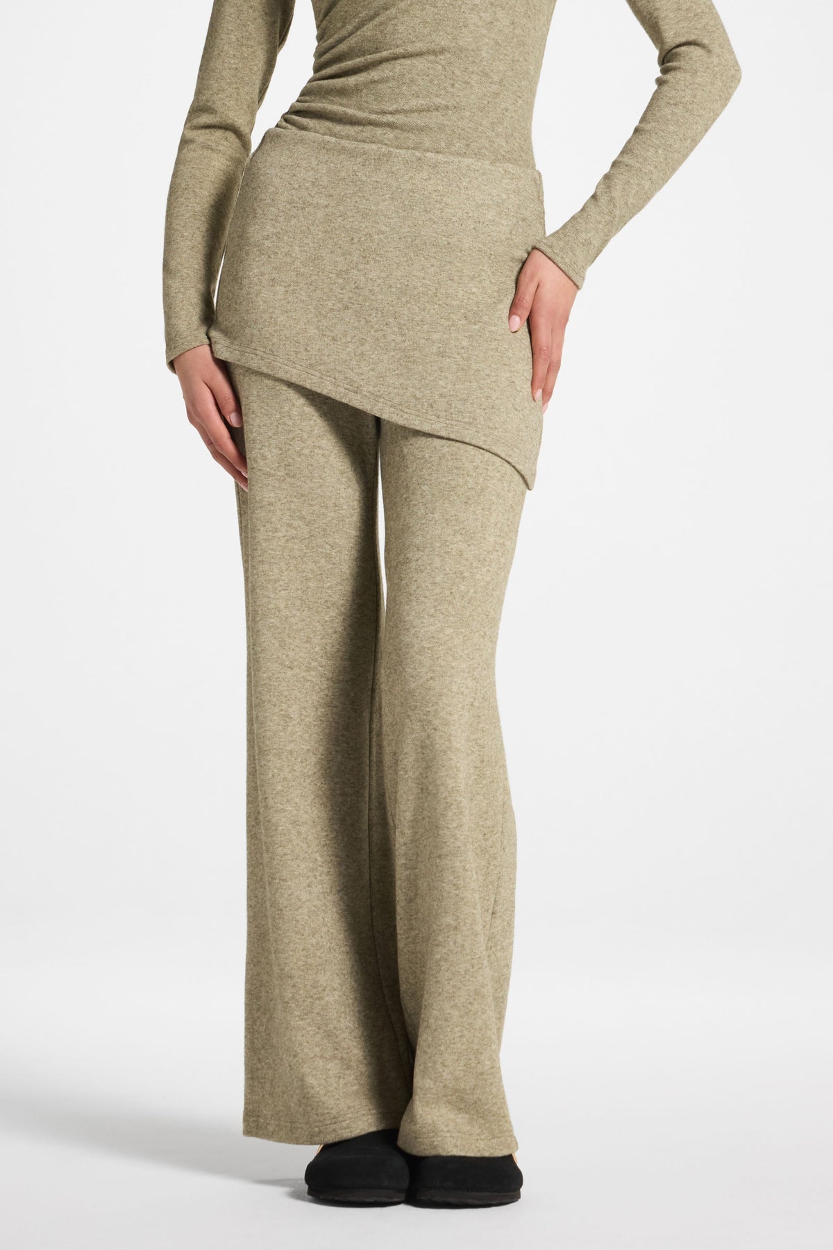 Ribbed Knit Foldover Wide Leg Pants - Olive