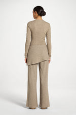 Ribbed Knit Foldover Wide Leg Pants - Warm Grey