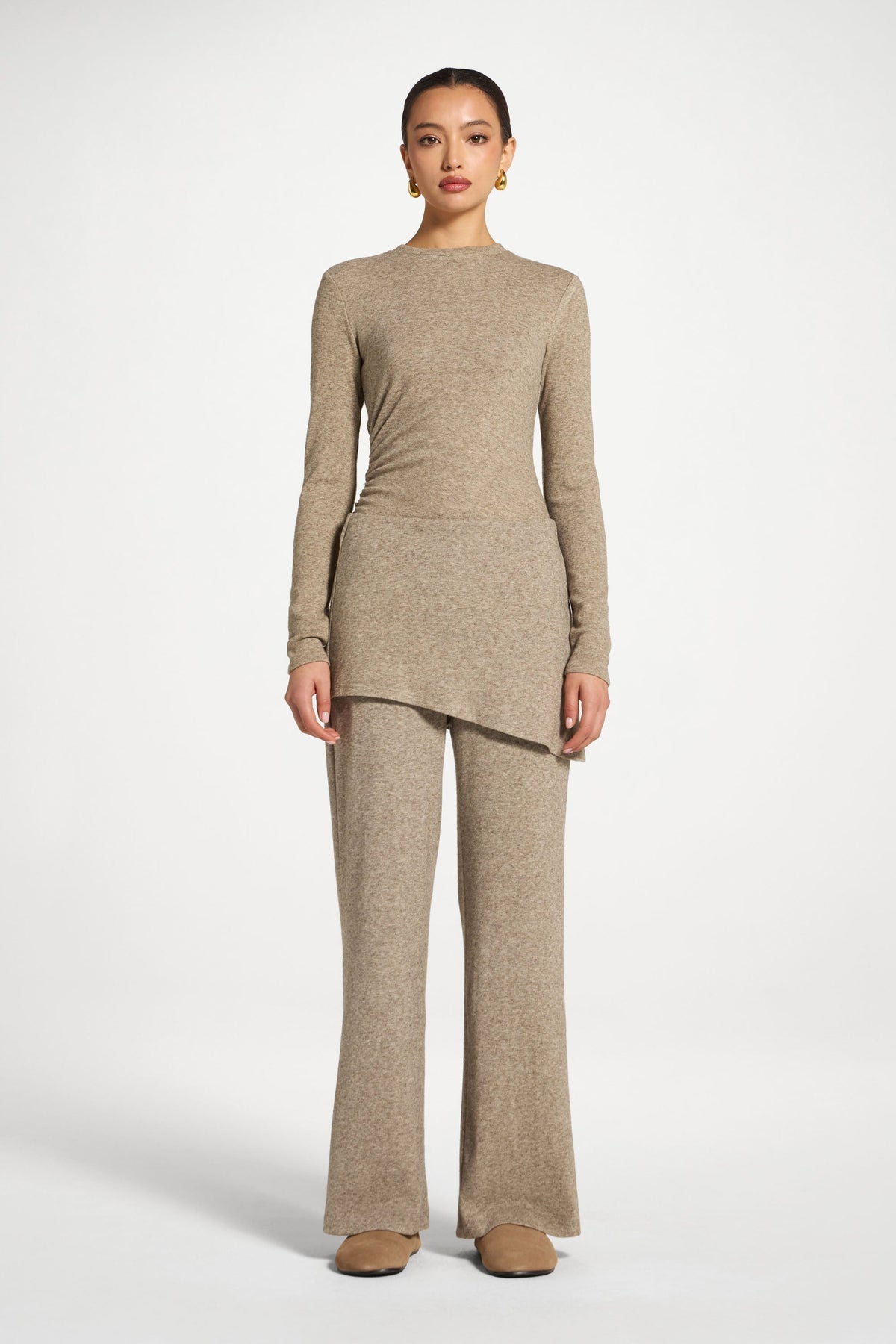 Ribbed Knit Foldover Wide Leg Pants - Warm Grey