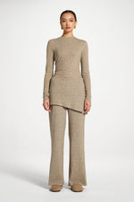 Ribbed Knit Foldover Wide Leg Pants - Warm Grey