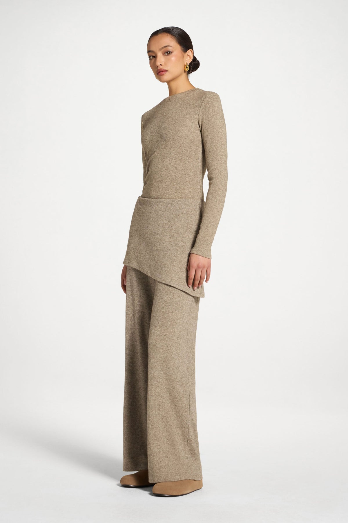 Ribbed Knit Foldover Wide Leg Pants - Warm Grey