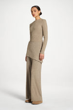 Ribbed Knit Foldover Wide Leg Pants - Warm Grey