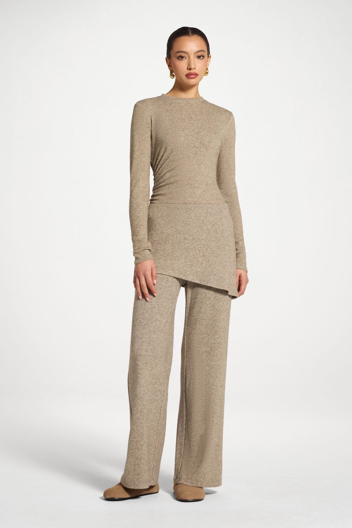 Ribbed Knit Foldover Wide Leg Pants - Warm Grey