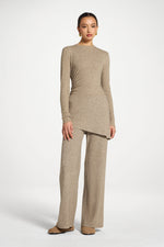 Ribbed Knit Foldover Wide Leg Pants - Warm Grey