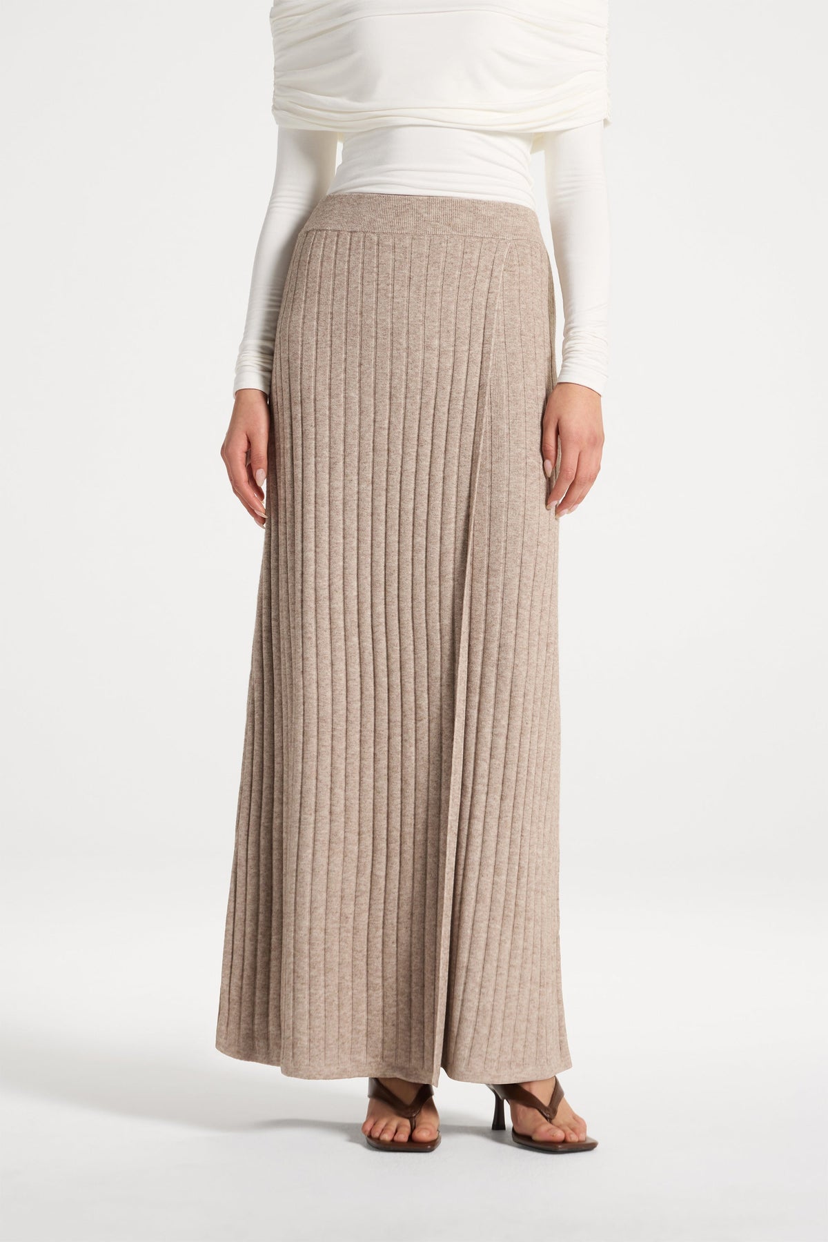 Ribbed Knit Wrap Skirt - Beige