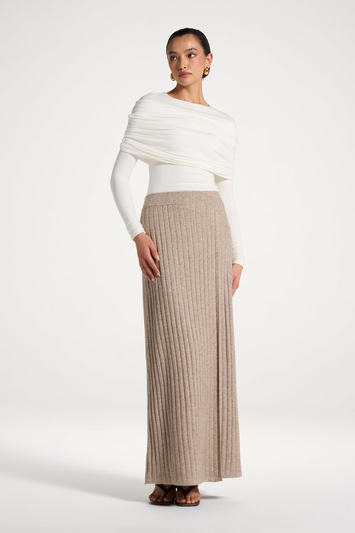 Ribbed Knit Wrap Skirt - Beige