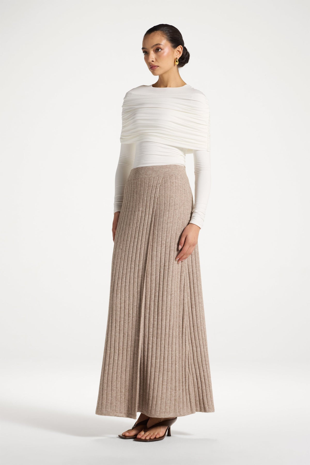 Ribbed Knit Wrap Skirt - Beige