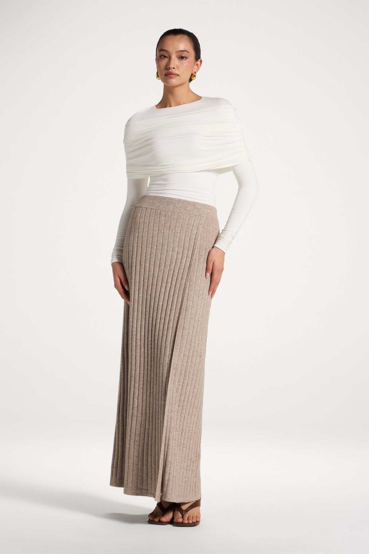 Ribbed Knit Wrap Skirt - Beige
