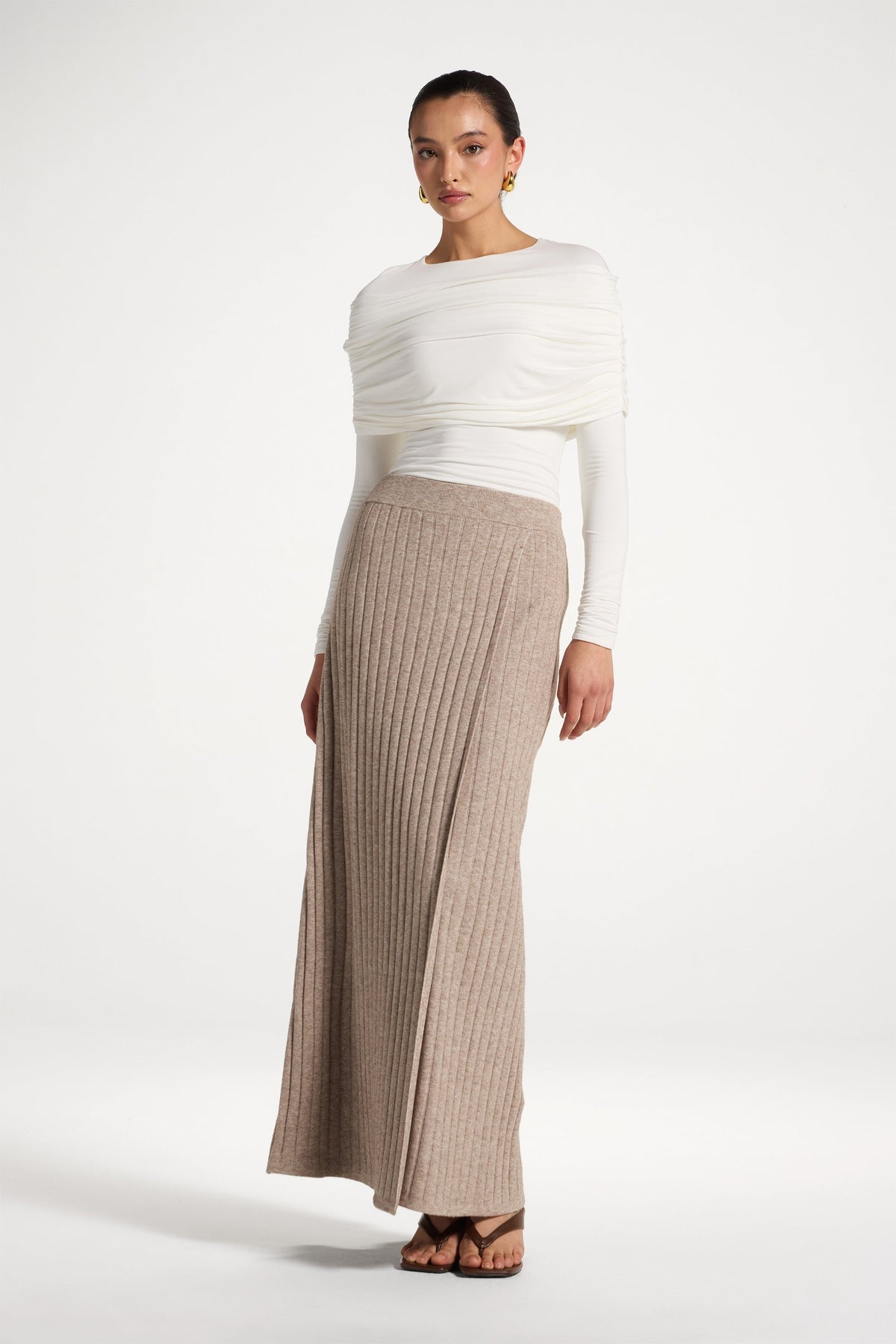 Ribbed Knit Wrap Skirt - Beige