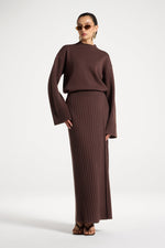Ribbed Knit Wrap Skirt - Brown