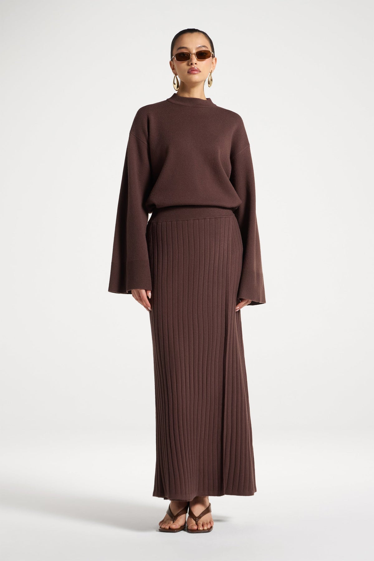 Ribbed Knit Wrap Skirt - Brown