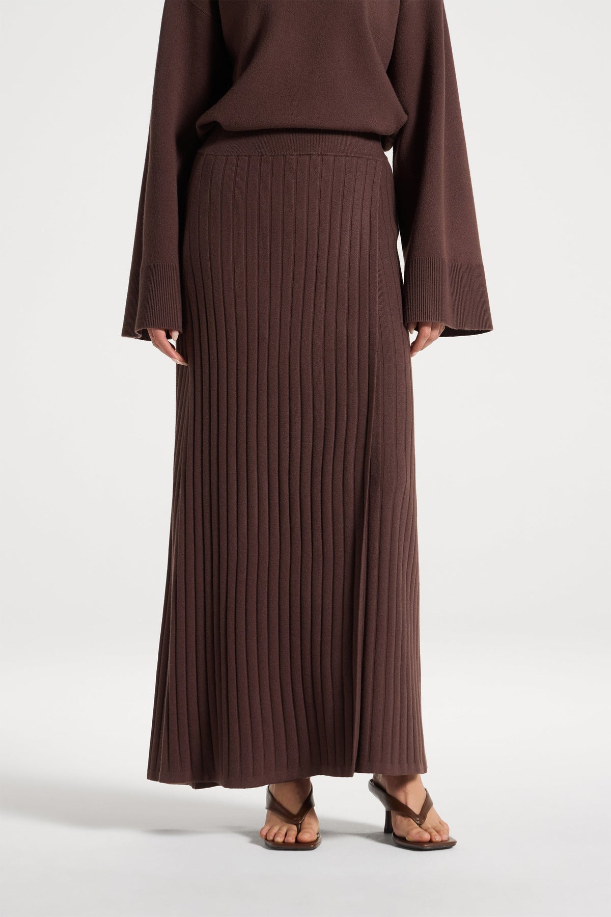 Ribbed Knit Wrap Skirt - Brown