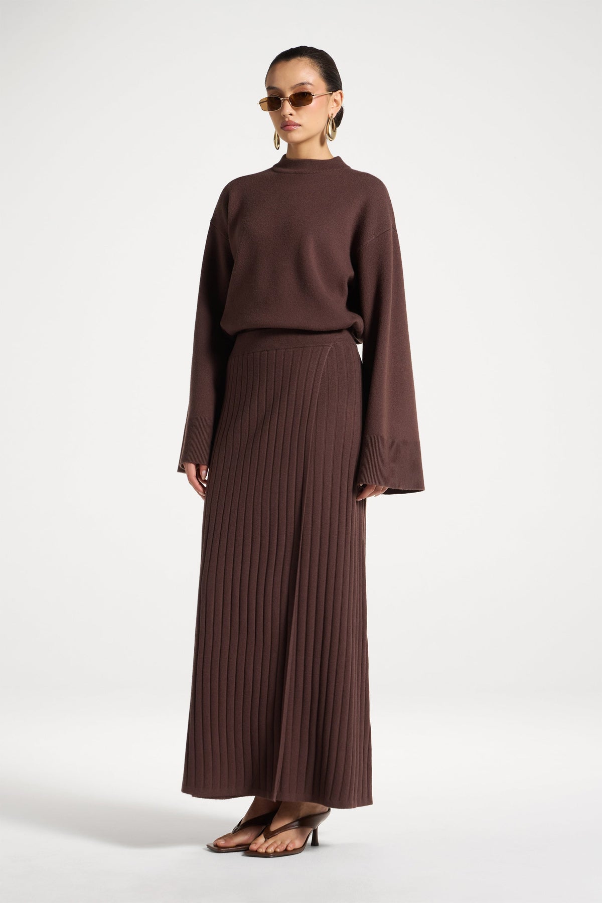 Ribbed Knit Wrap Skirt - Brown