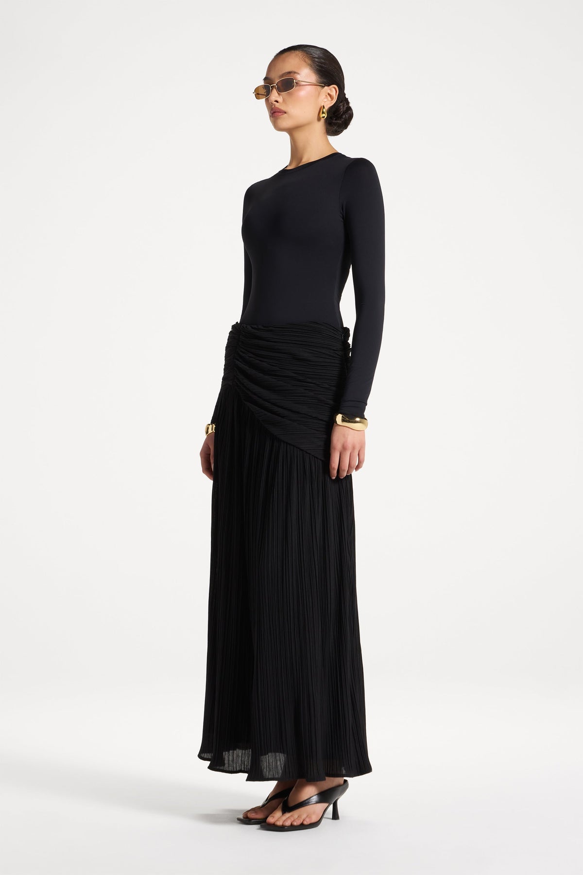 Rouched Waist Pleated Maxi Skirt