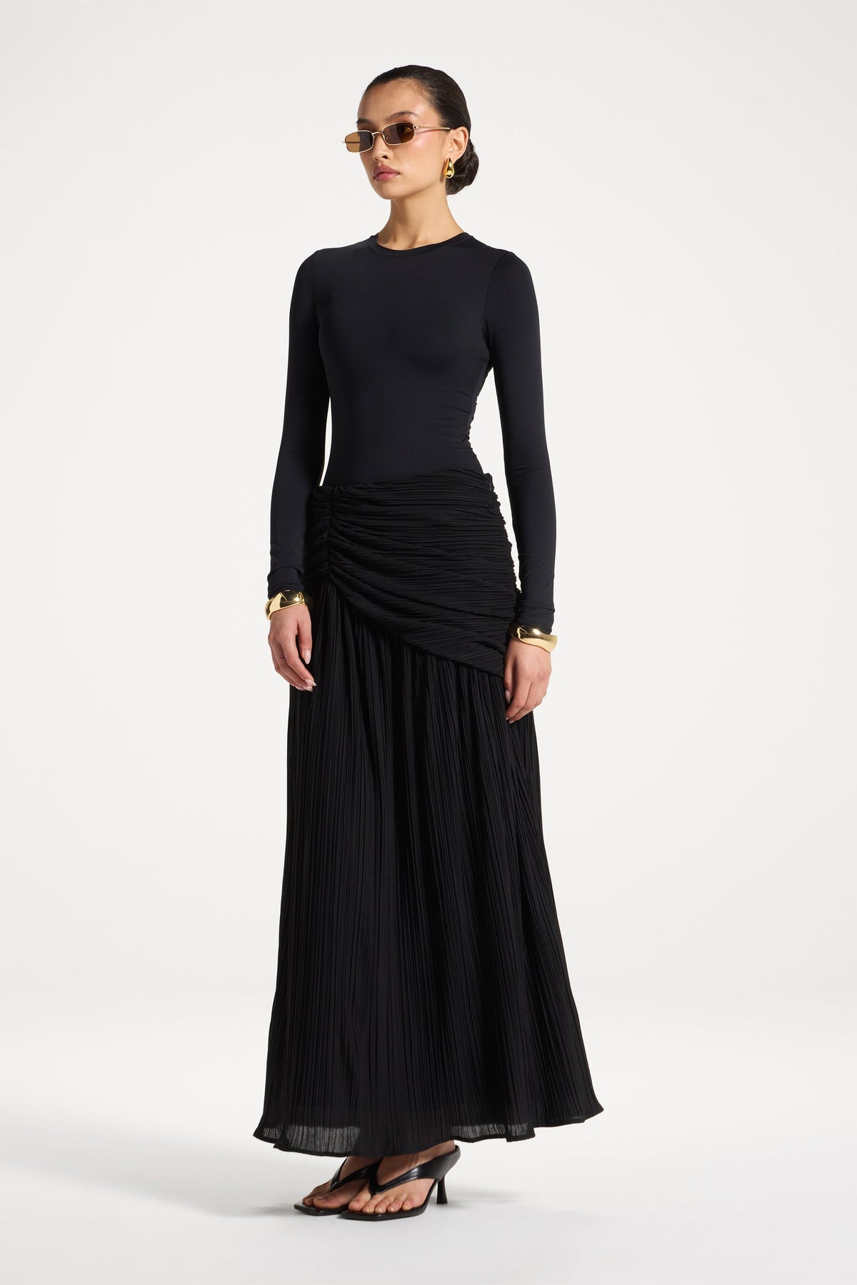 Rouched Waist Pleated Maxi Skirt