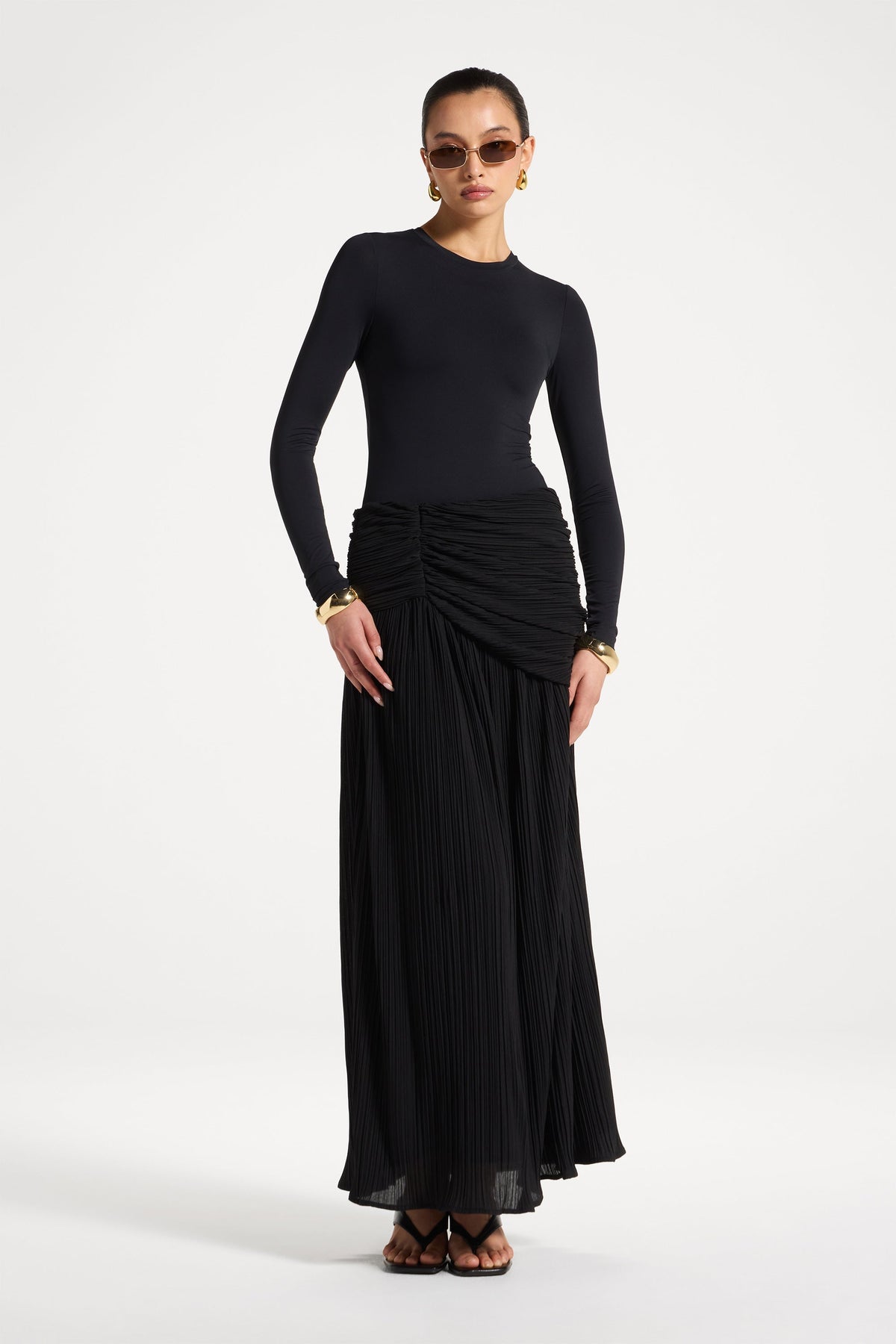 Rouched Waist Pleated Maxi Skirt