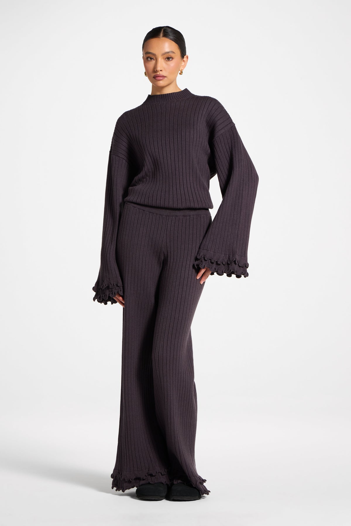 Ruffle Hem Knit Pants - Peppercorn