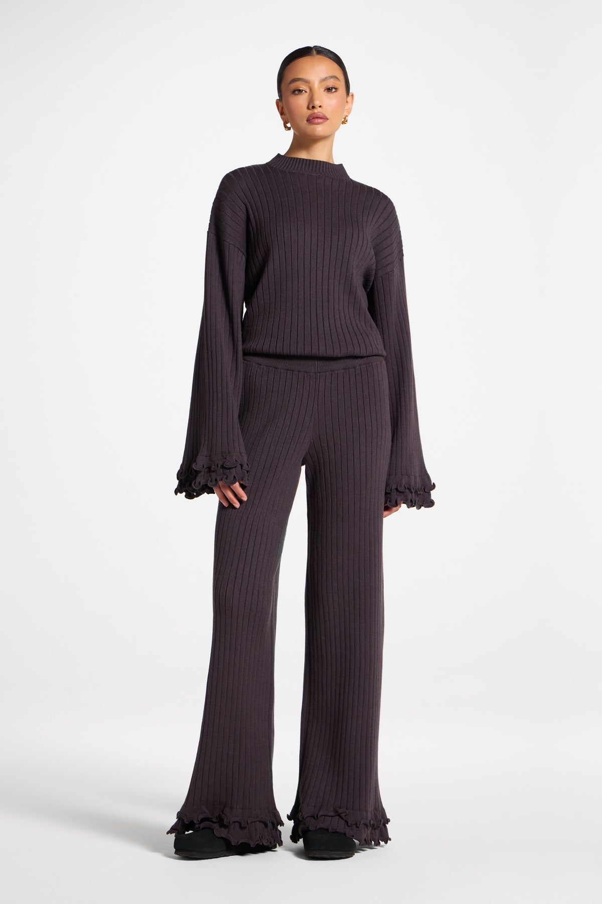 Ruffle Hem Knit Pants - Peppercorn